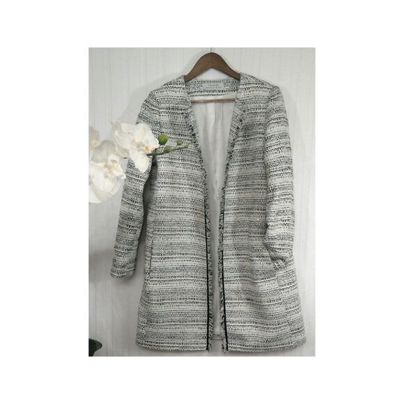 Tahari Long Tweed Hook-Front Long Coat Jacket Black Grey White- Women's Size M - Picture 1 of 11